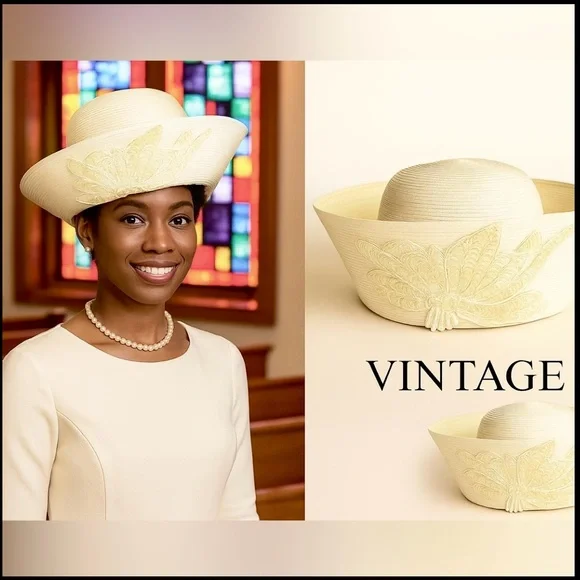 Vintage Ivory Beaded Floral Church Hat | Elegant Derby Sunday Brim,EUC,Size M - Picture 7 of 10